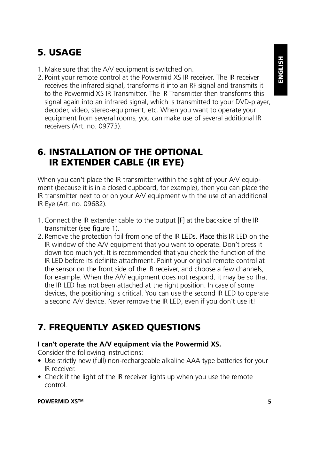 Marmitek 20071102, 20211 Usage, Installation of the Optional IR Extender Cable IR EYE, Frequently Asked Questions 