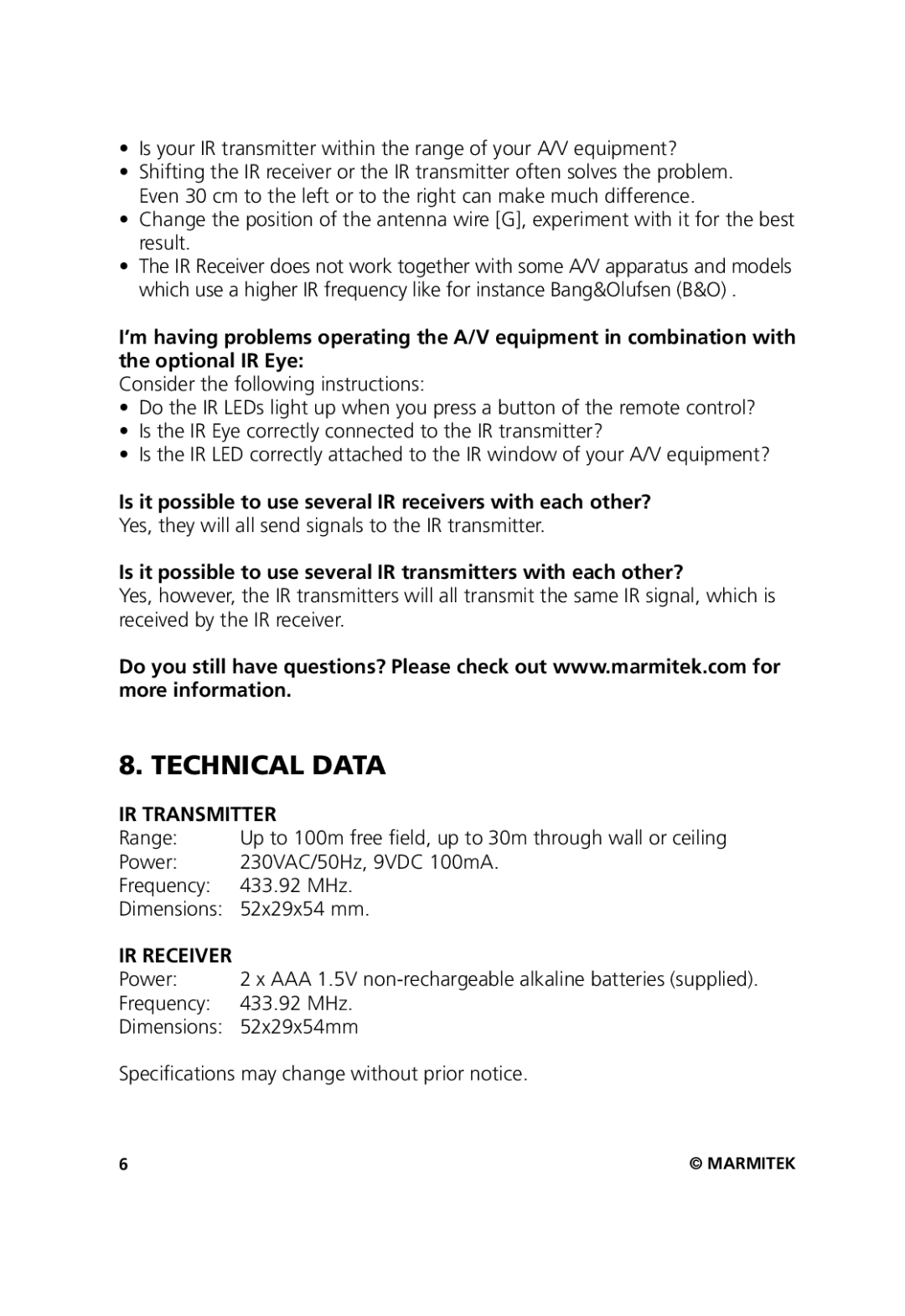 Marmitek 20211, 20071102 user manual Technical Data IR Transmitter, IR Receiver 