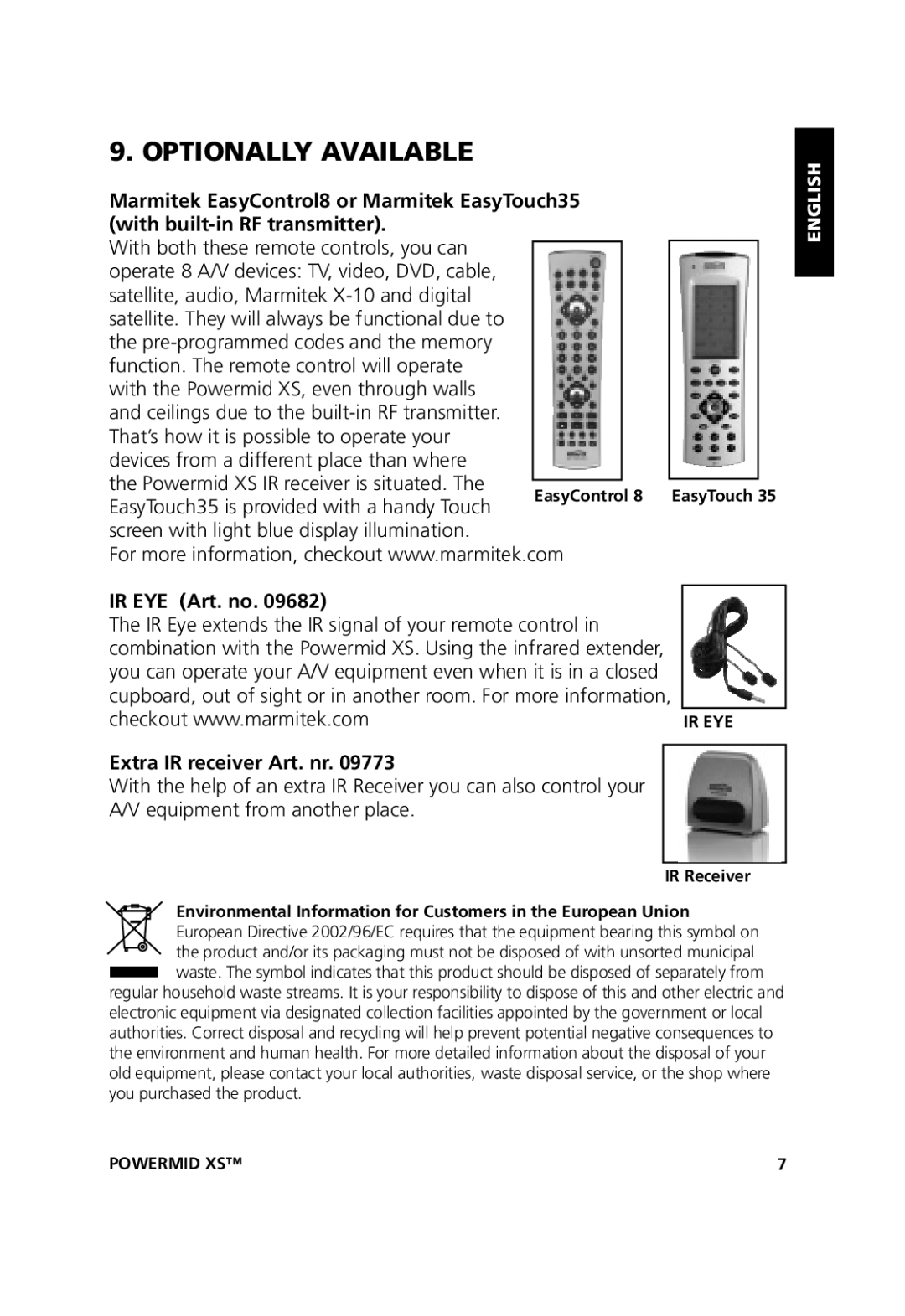 Marmitek 20071102, 20211 user manual Optionally Available, IR EYE Art. no Extra IR receiver Art. nr 