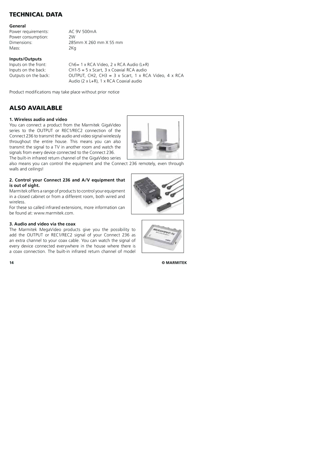 Marmitek 20245/20080129 Technical Data, Also Available, General, Wireless audio and video, Audio and video via the coax 