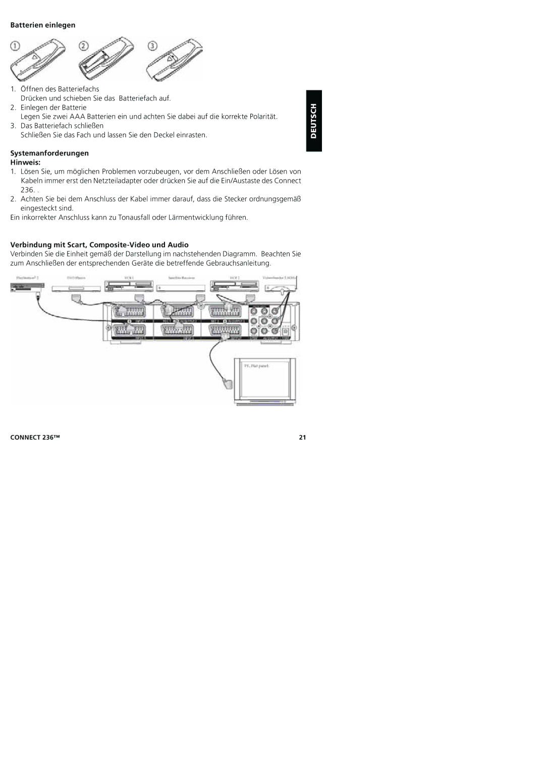 Marmitek 20245/20080129 Batterien einlegen, Systemanforderungen Hinweis, Verbindung mit Scart, Composite-Video und Audio 