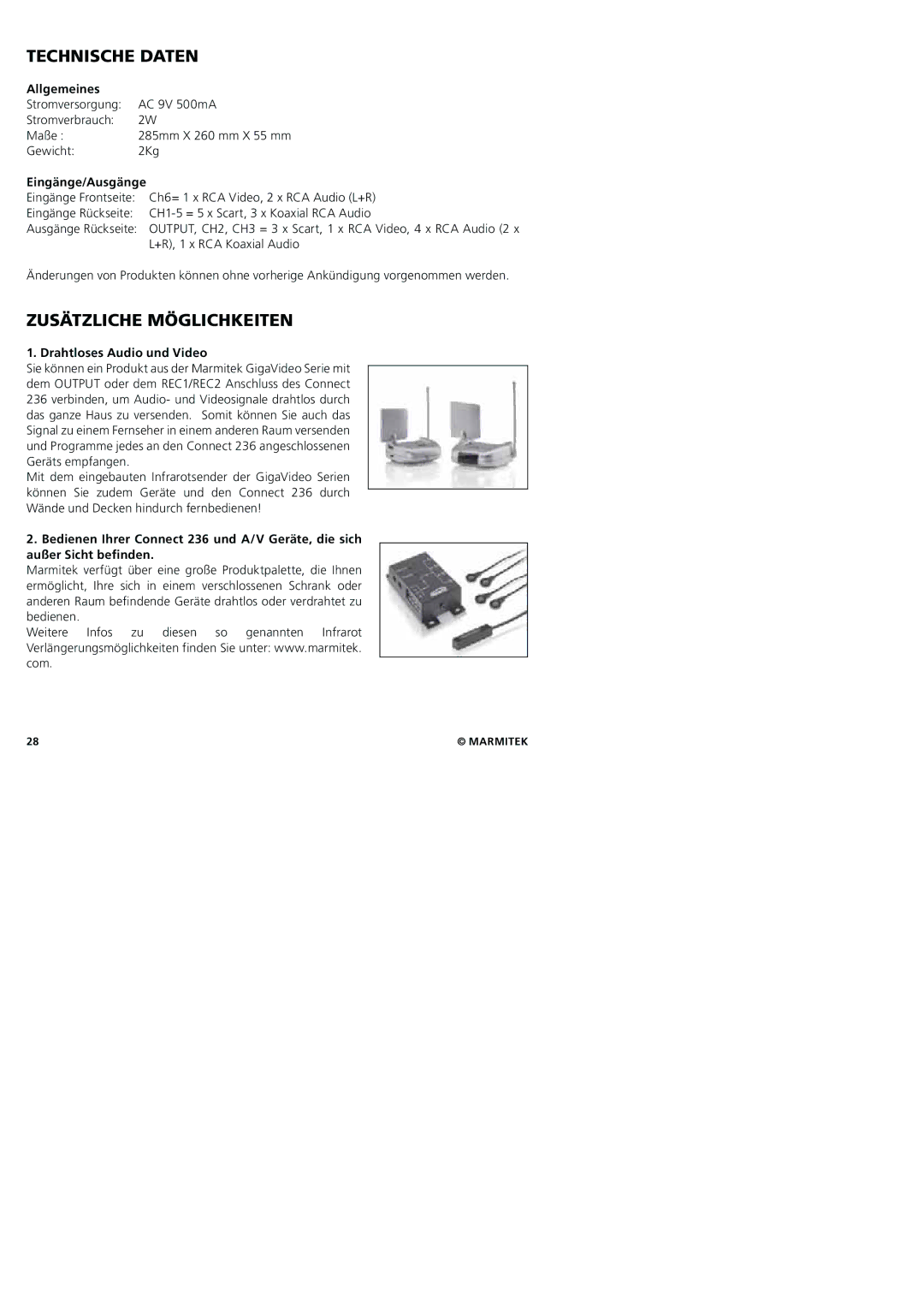 Marmitek 20245/20080129 user manual Technische Daten, Zusätzliche Möglichkeiten, Allgemeines, Eingänge/Ausgänge 