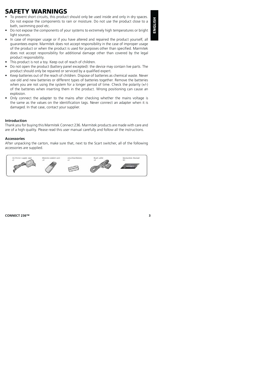 Marmitek 20245/20080129 user manual Safety Warnings, Introduction Accessories 