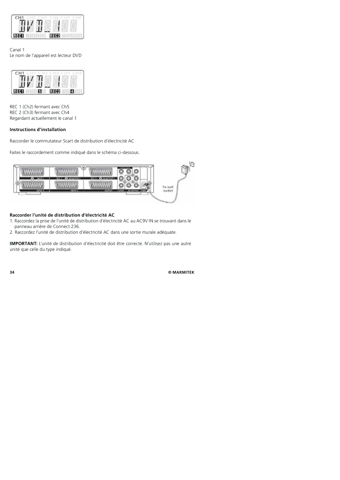 Marmitek 20245/20080129 user manual Instructions d’installation, Raccorder l’unité de distribution d’électricité AC 