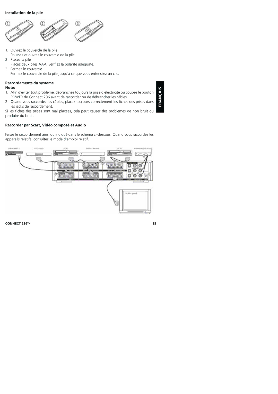 Marmitek 20245/20080129 Installation de la pile, Raccordements du système, Raccorder par Scart, Vidéo composé et Audio 
