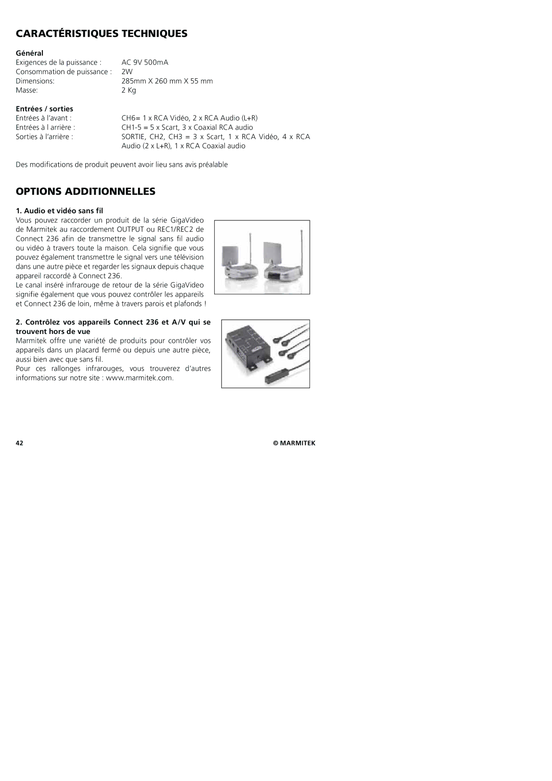 Marmitek 20245/20080129 user manual Caractéristiques Techniques, Options Additionnelles, Général, Entrées / sorties 