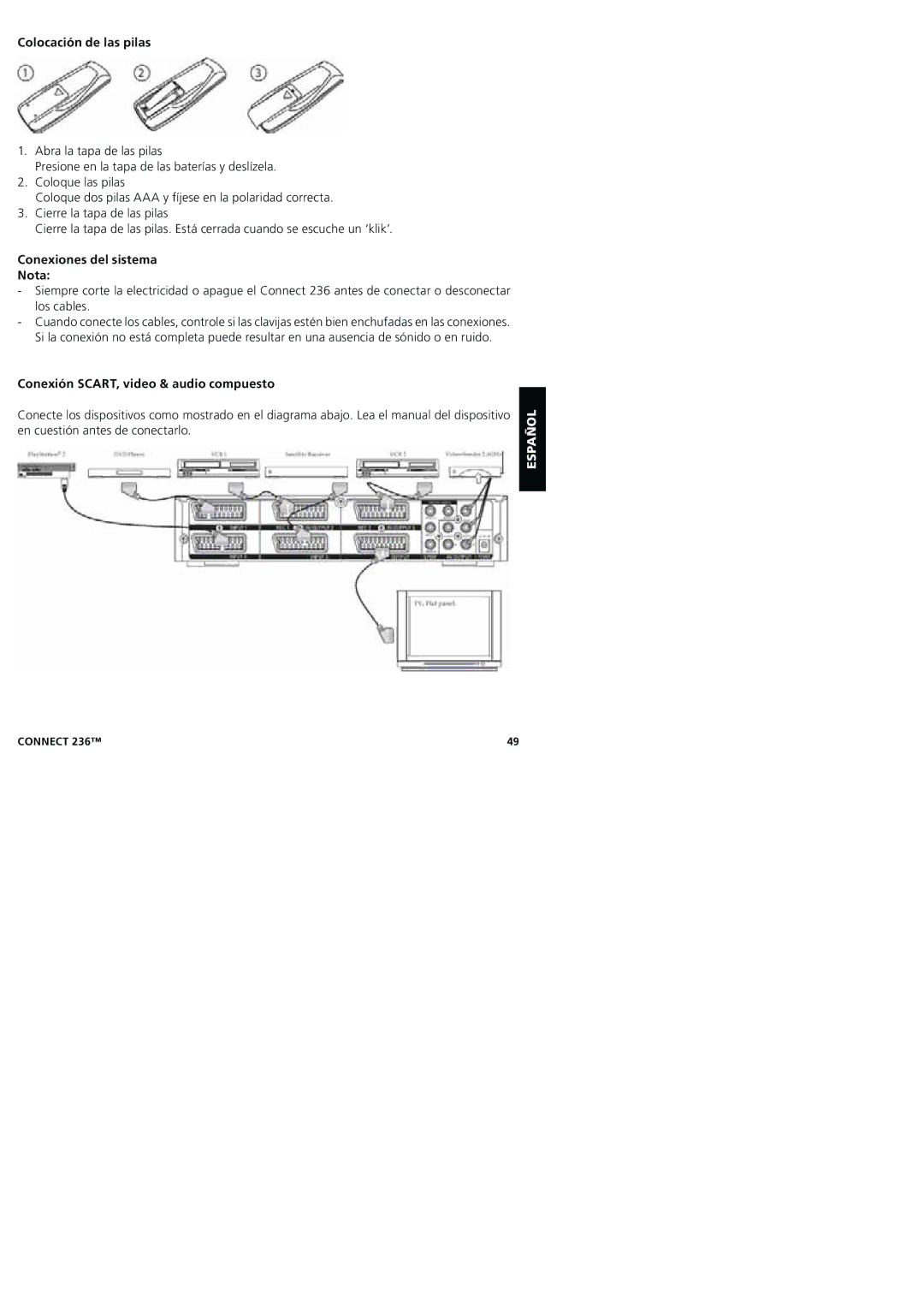 Marmitek 20245/20080129 Colocación de las pilas, Conexiones del sistema Nota, Conexión SCART, video & audio compuesto 