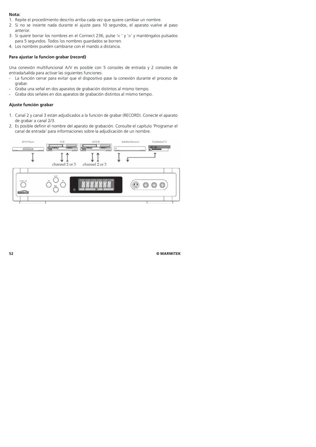 Marmitek 20245/20080129 user manual Para ajustar la funcion grabar record, Ajuste función grabar 