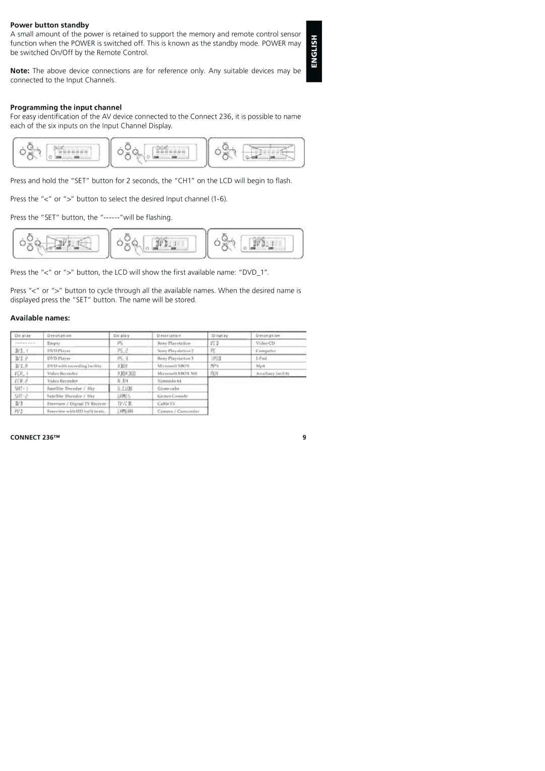 Marmitek 20245/20080129 user manual Power button standby, Programming the input channel, Available names 