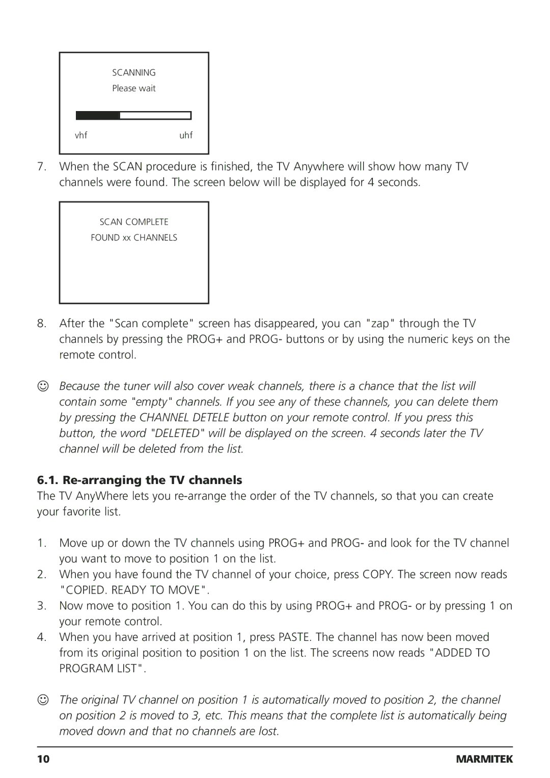 Marmitek 250205, 20095 owner manual Re-arranging the TV channels 