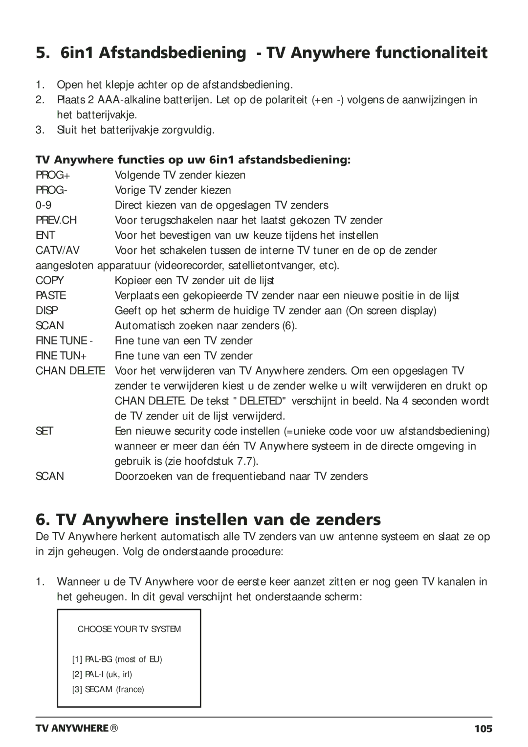 Marmitek 20095, 250205 owner manual 6in1 Afstandsbediening TV Anywhere functionaliteit, TV Anywhere instellen van de zenders 