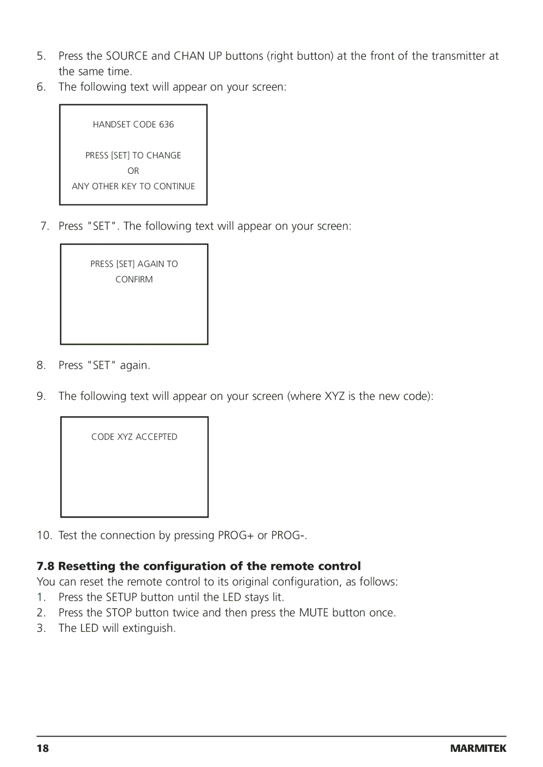 Marmitek 250205, 20095 owner manual Resetting the configuration of the remote control 