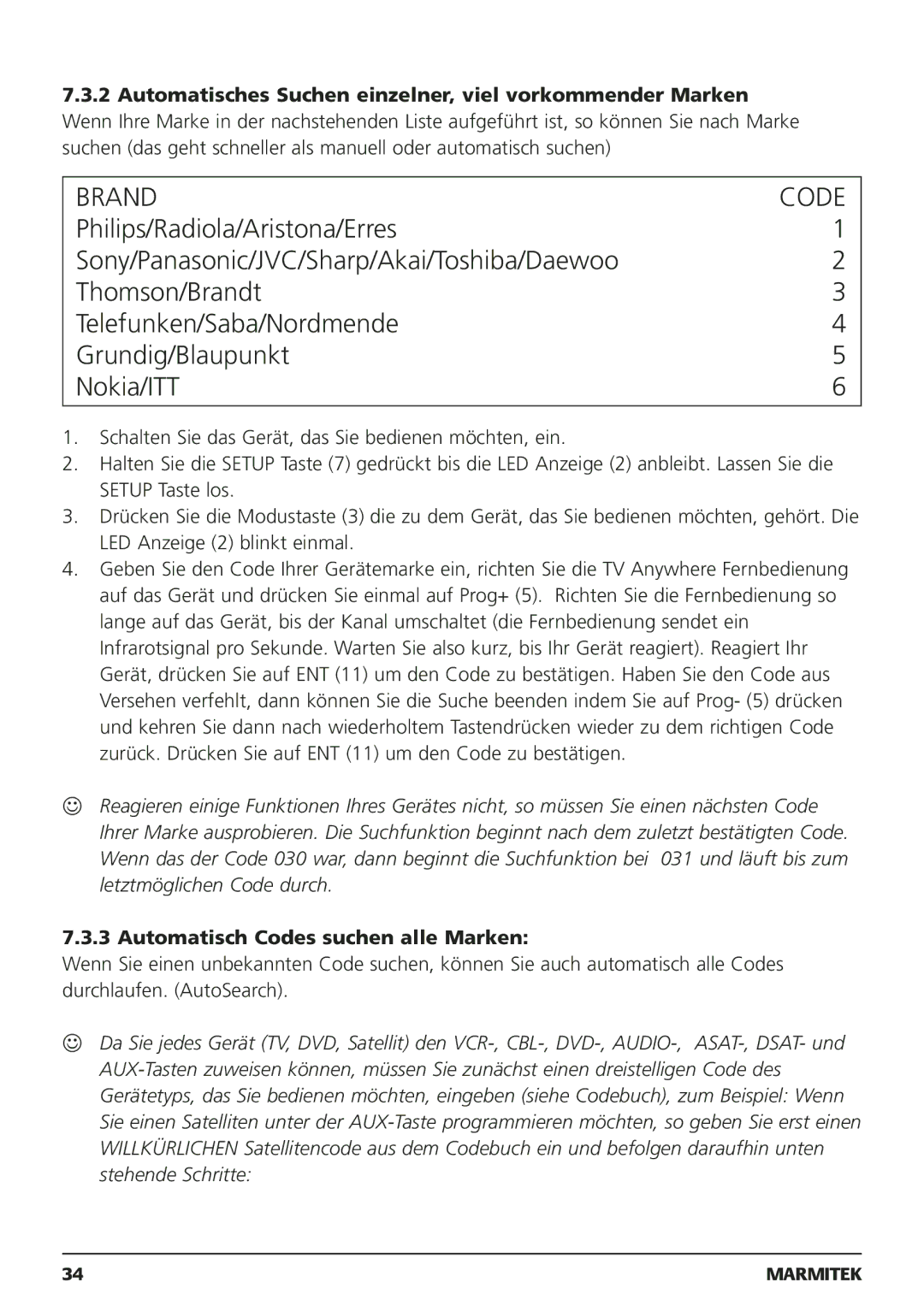 Marmitek 250205, 20095 owner manual Automatisch Codes suchen alle Marken 