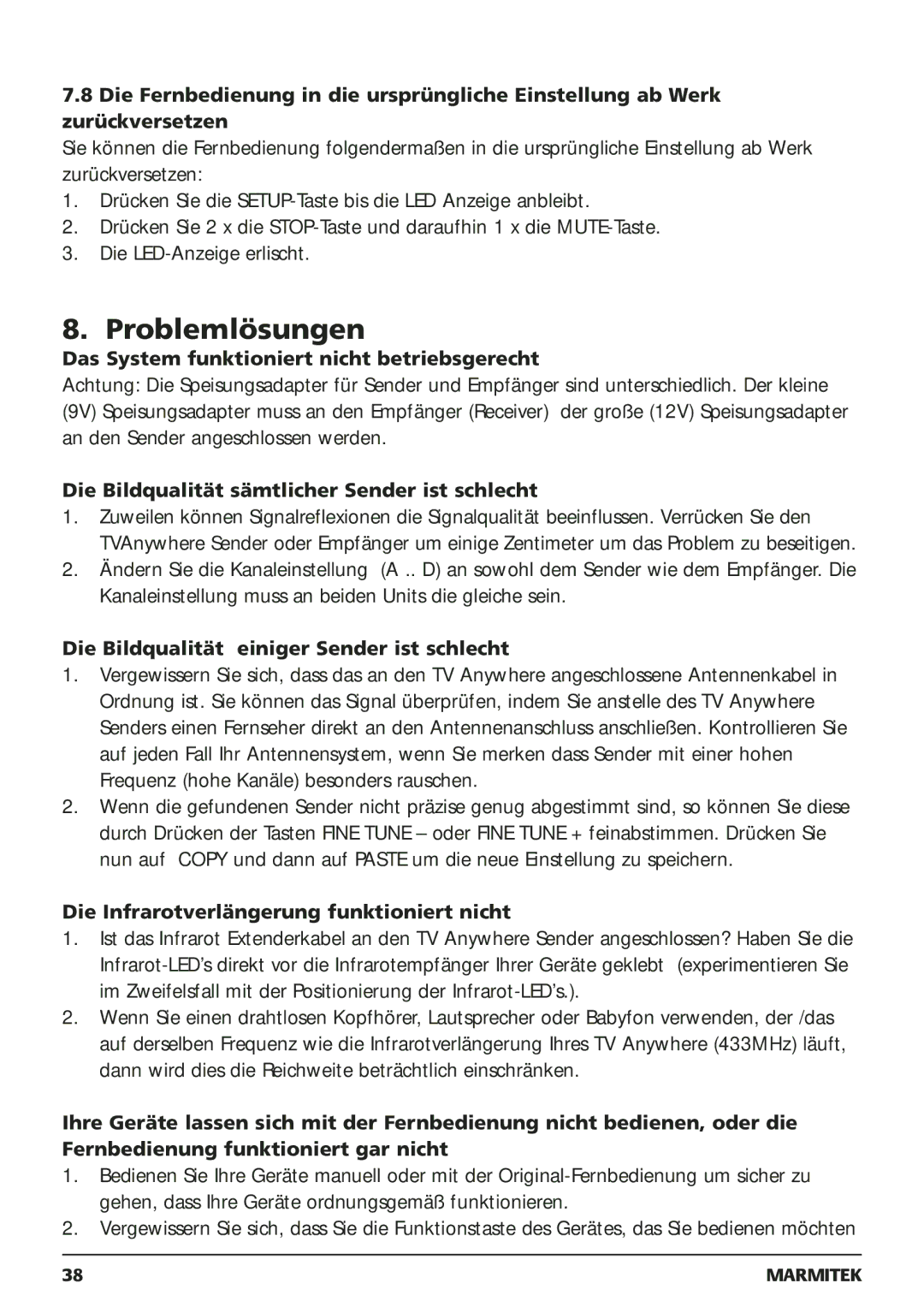 Marmitek 250205, 20095 owner manual Problemlösungen, Das System funktioniert nicht betriebsgerecht 