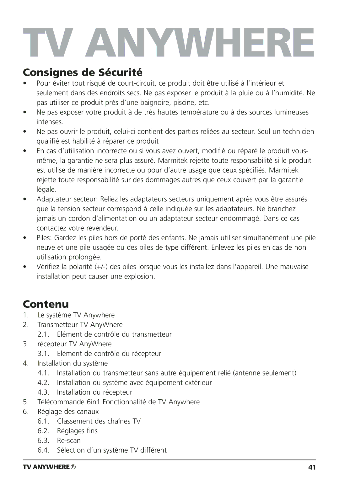 Marmitek 20095, 250205 owner manual Consignes de Sécurité, Contenu 