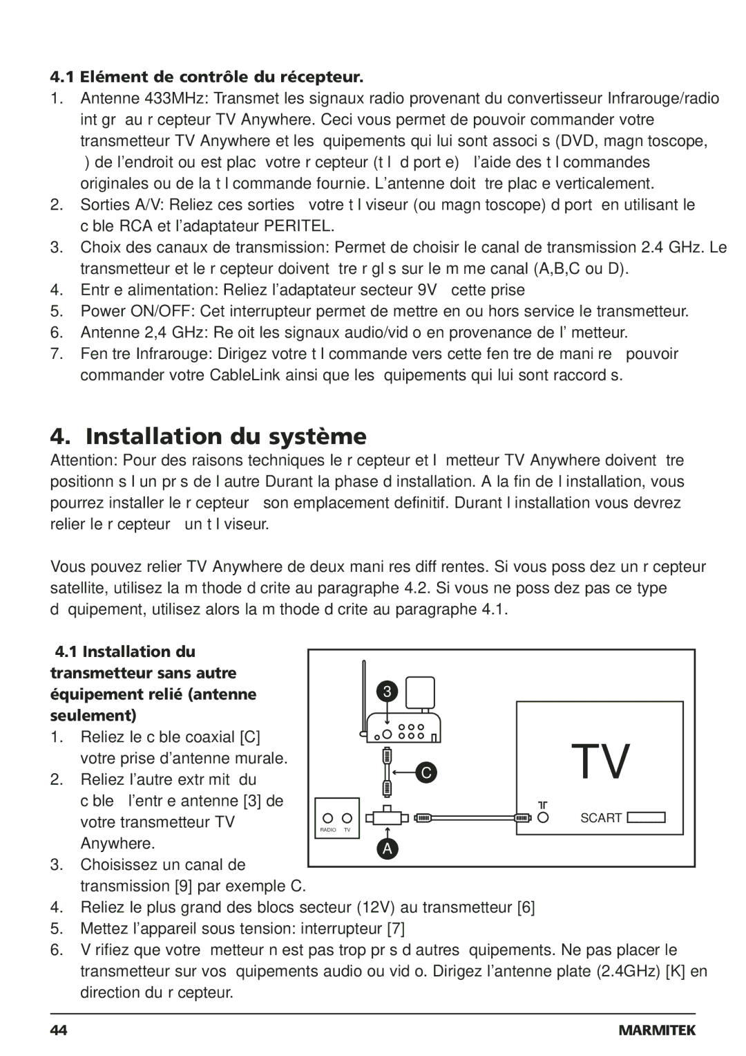 Marmitek 250205, 20095 owner manual Installation du système, Elément de contrôle du récepteur 