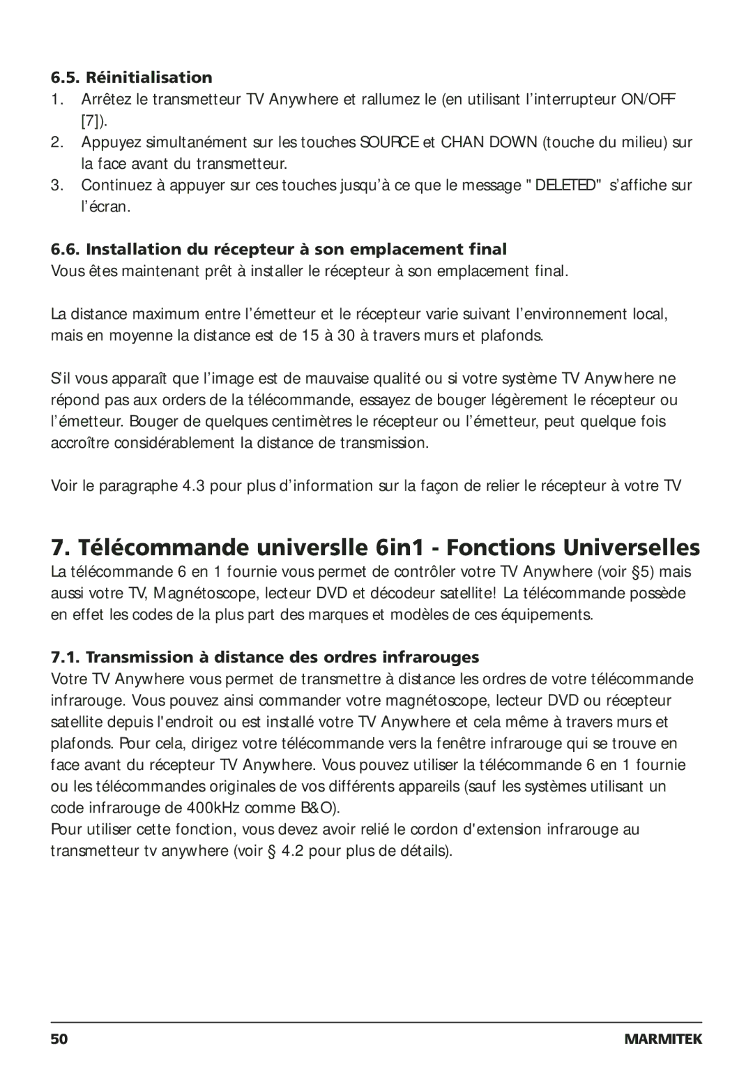 Marmitek 250205, 20095 owner manual Télécommande universlle 6in1 Fonctions Universelles, Réinitialisation 