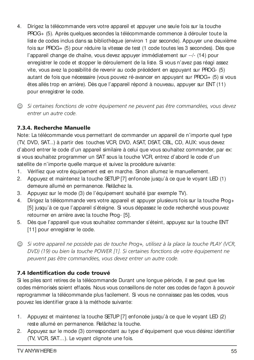 Marmitek 20095, 250205 owner manual Recherche Manuelle, Identification du code trouvé 