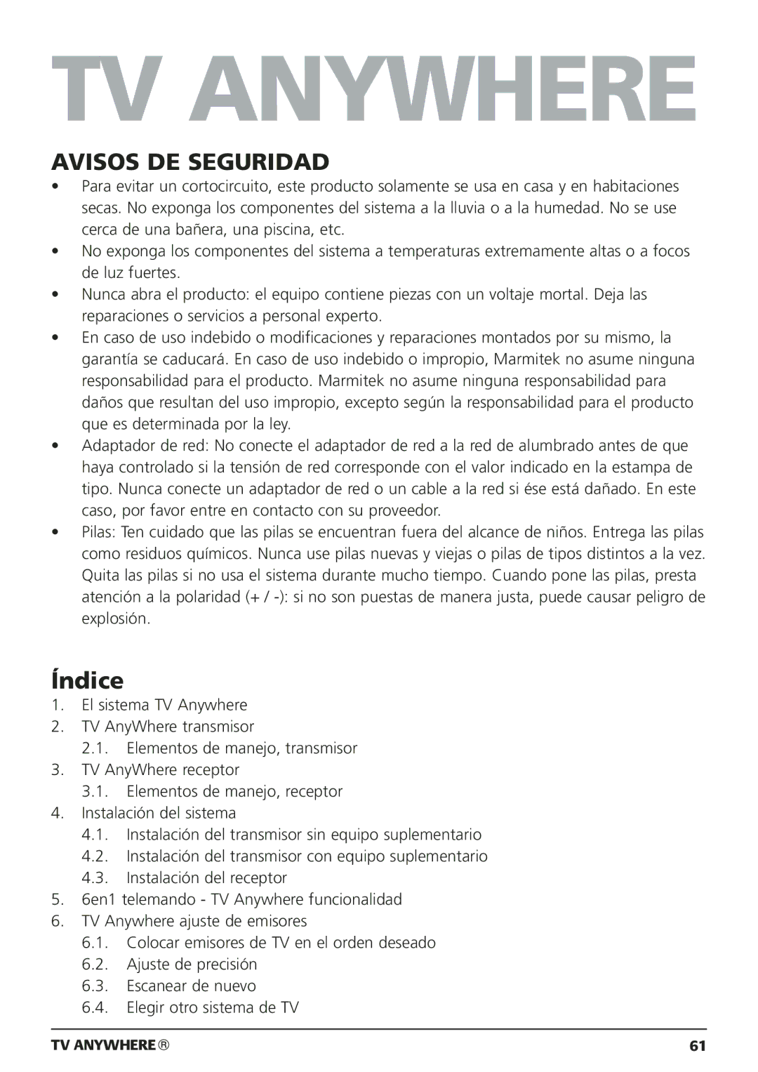 Marmitek 20095, 250205 owner manual Avisos DE Seguridad, Índice 