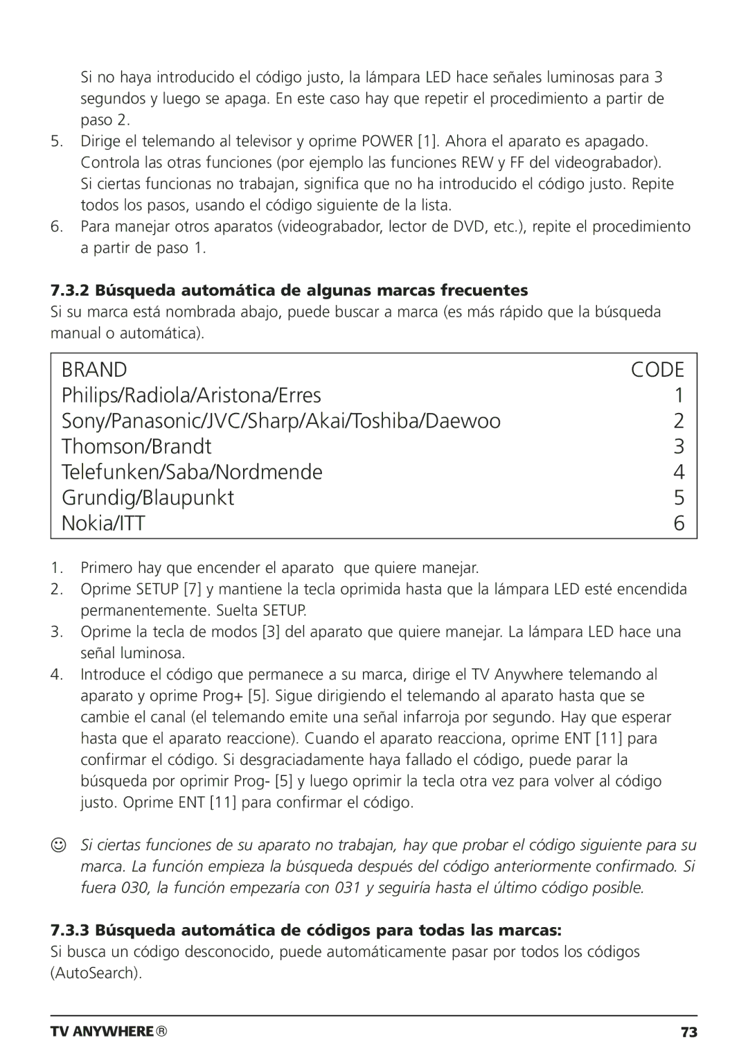 Marmitek 20095 2 Búsqueda automática de algunas marcas frecuentes, 3 Búsqueda automática de códigos para todas las marcas 