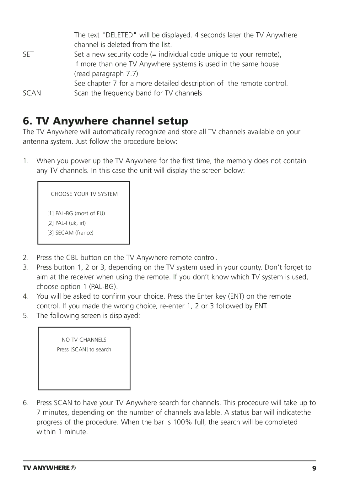 Marmitek 20095, 250205 owner manual TV Anywhere channel setup, Set 