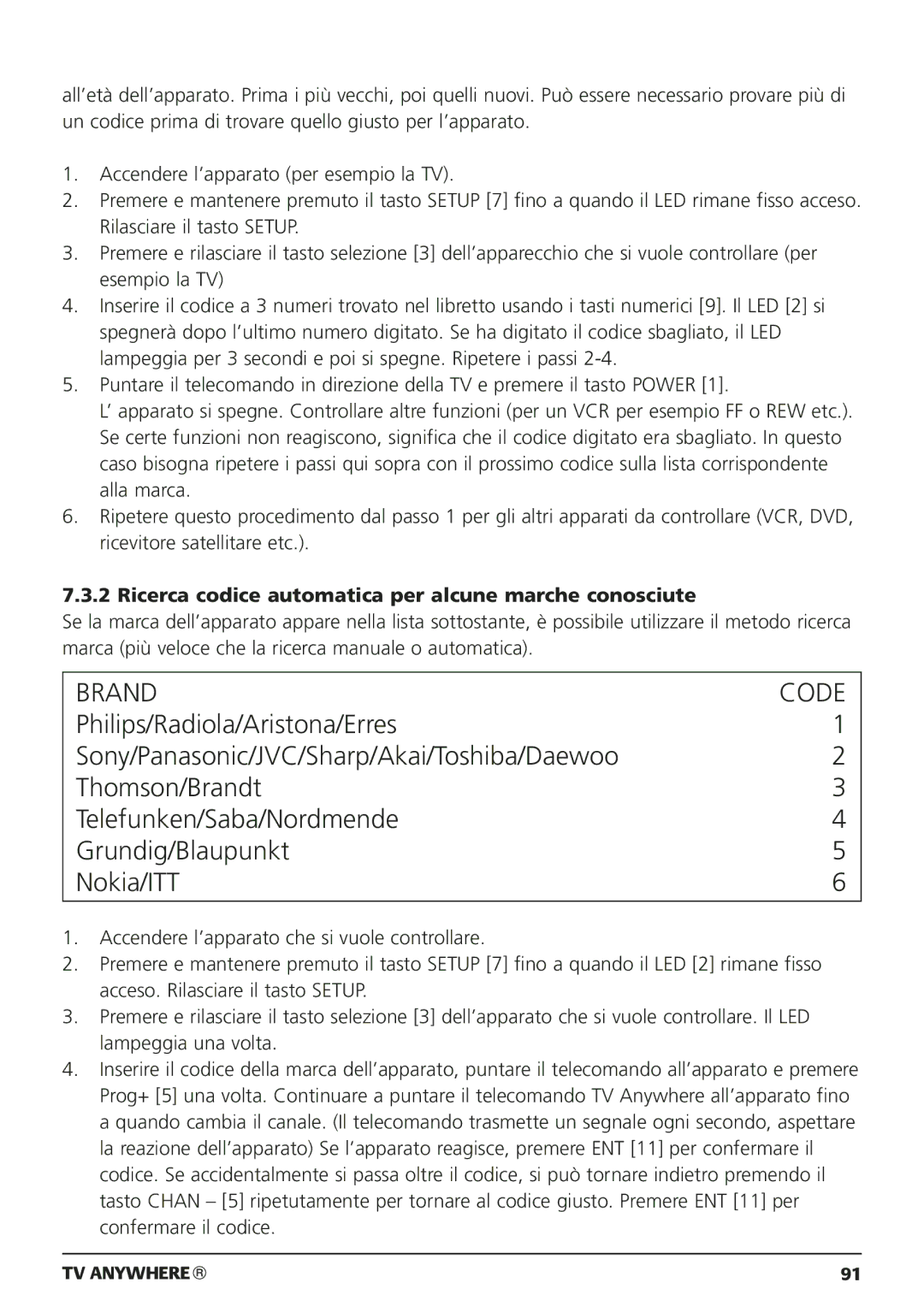 Marmitek 20095, 250205 owner manual Ricerca codice automatica per alcune marche conosciute 