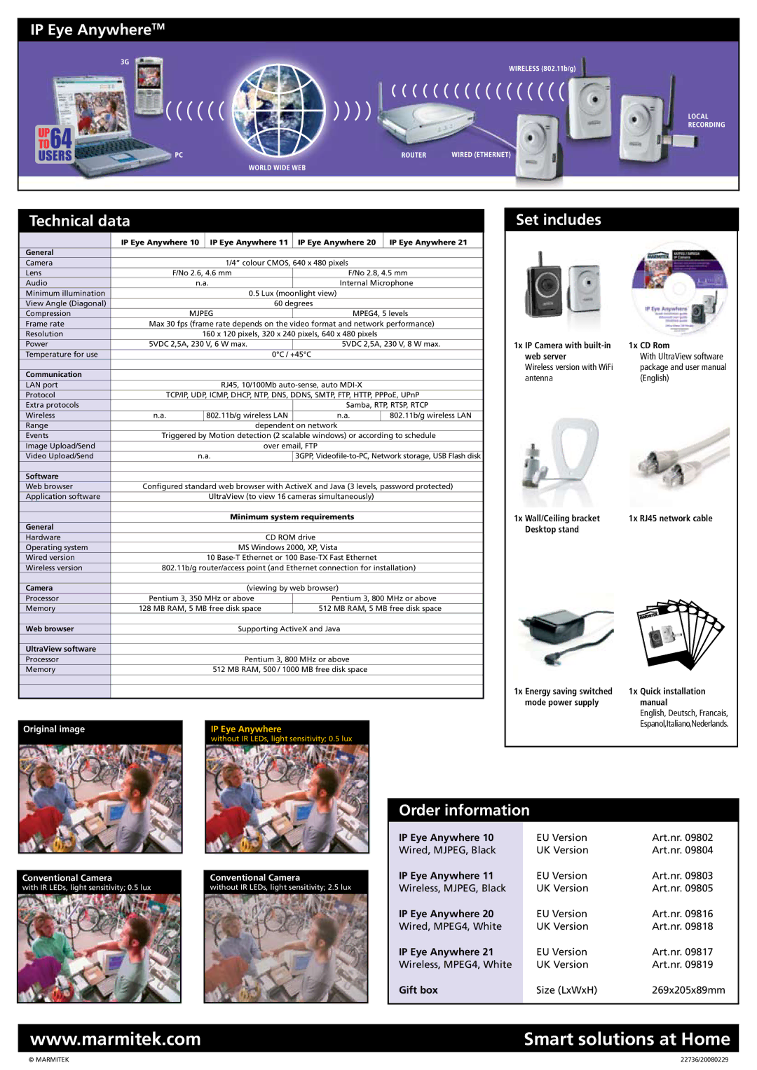 Marmitek 3GP manual 1x IP Camera with built-in 1x CD Rom, Web server, 1x Wall/Ceiling bracket 1x RJ45 network cable 