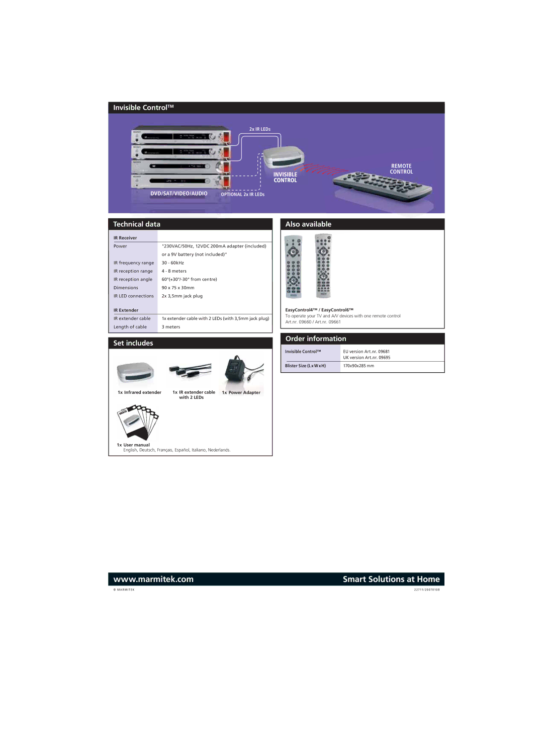 Marmitek A/V Equipment manual Invisible ControlTM, Technical data, Also available, Set includes, Order information 