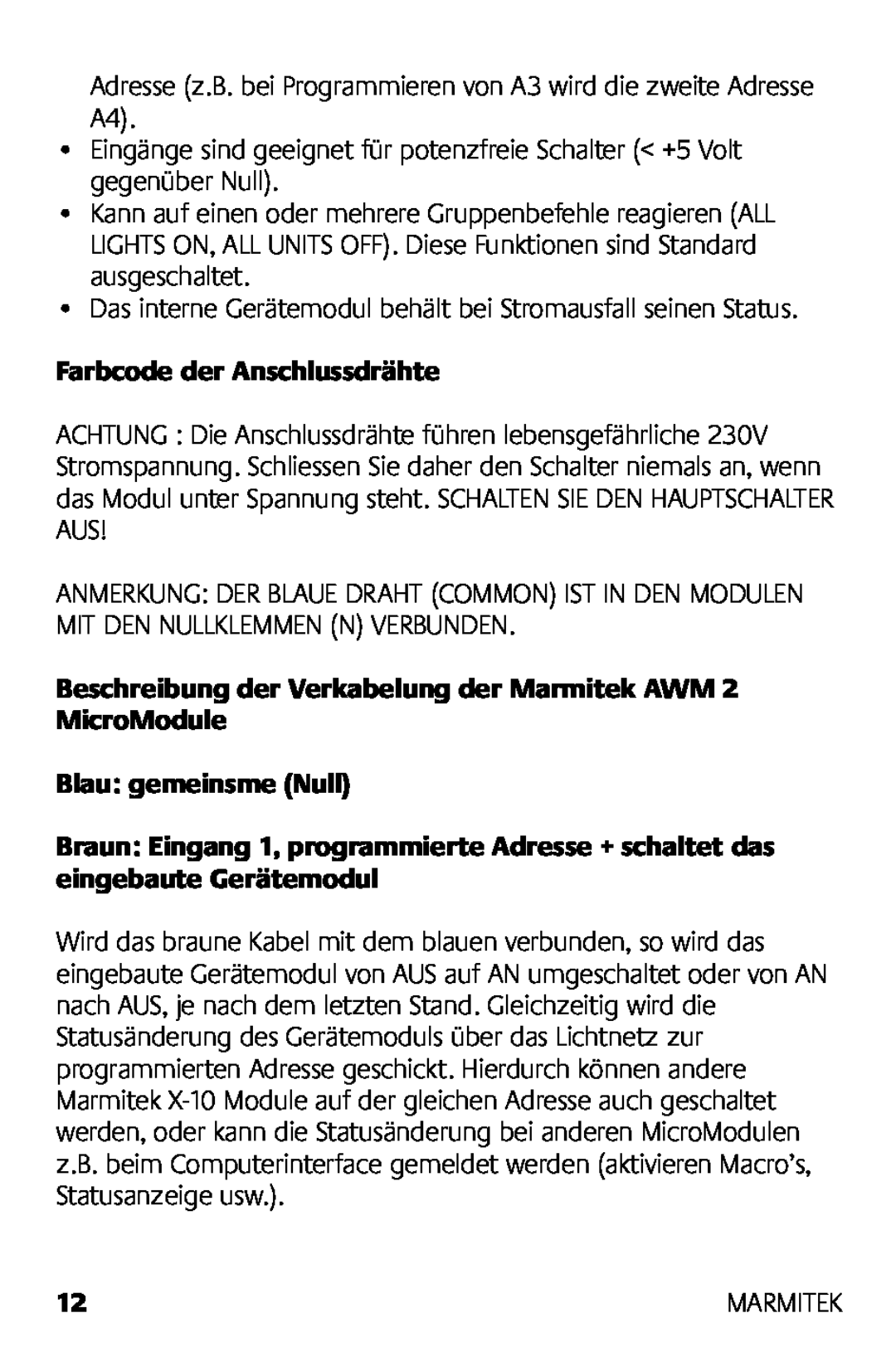 Marmitek AWM2 manual Farbcode der Anschlussdrähte, Blau gemeinsme Null 