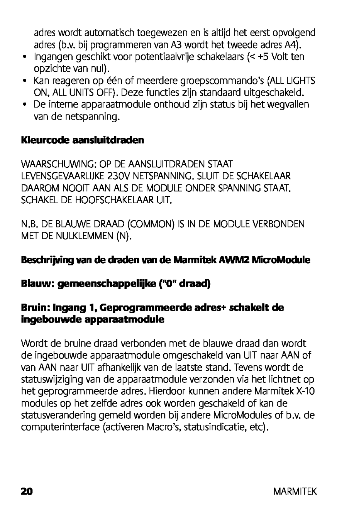 Marmitek AWM2 manual Kleurcode aansluitdraden, Blauw gemeenschappelijke 0 draad 