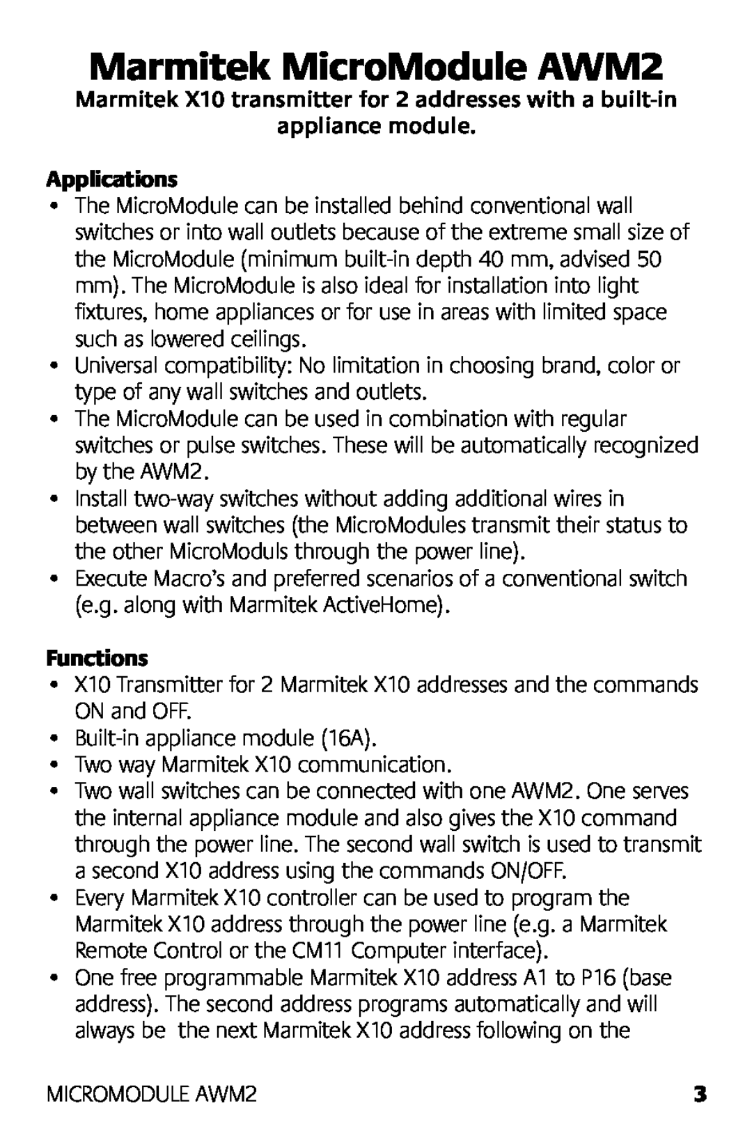 Marmitek manual Marmitek MicroModule AWM2, appliance module Applications, Functions, MICROMODULE AWM2 