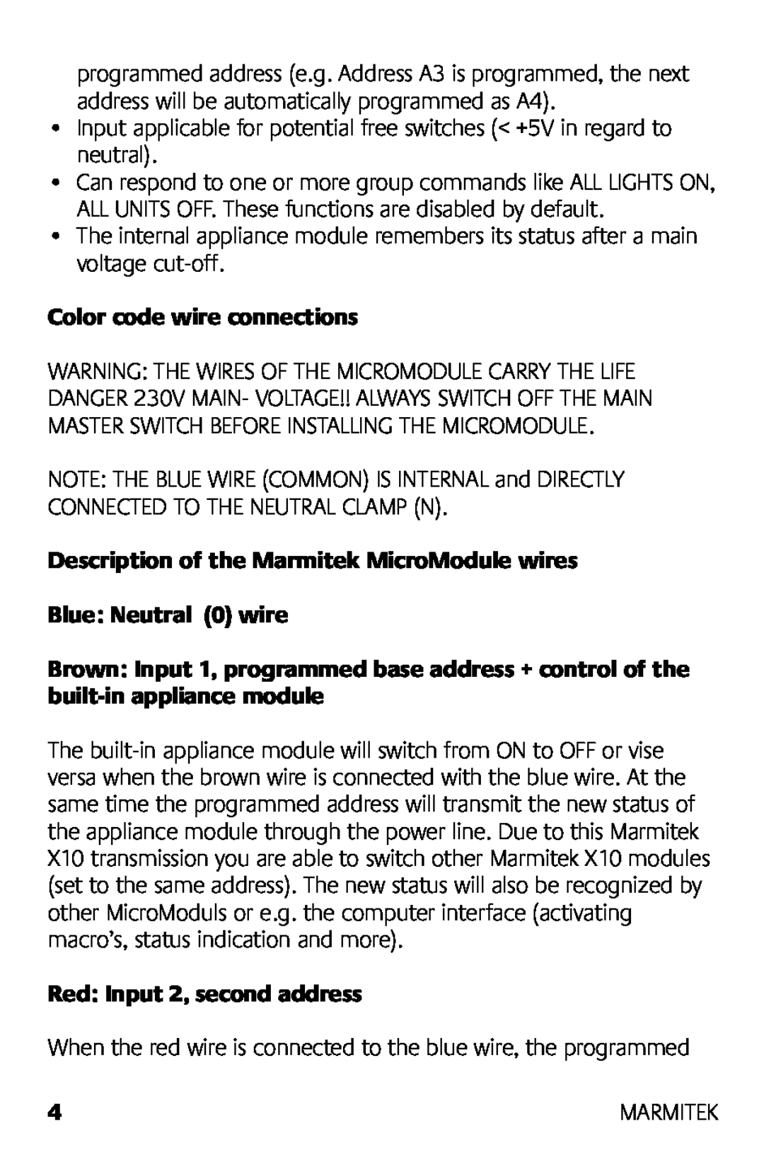 Marmitek AWM2 manual Color code wire connections, Description of the Marmitek MicroModule wires, Blue Neutral 0 wire 