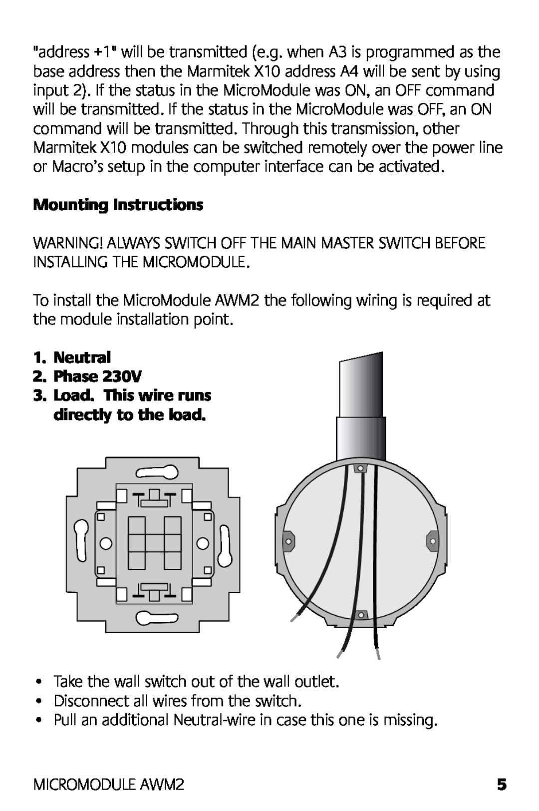 Marmitek manual Mounting Instructions, Neutral 2.Phase, MICROMODULE AWM2 