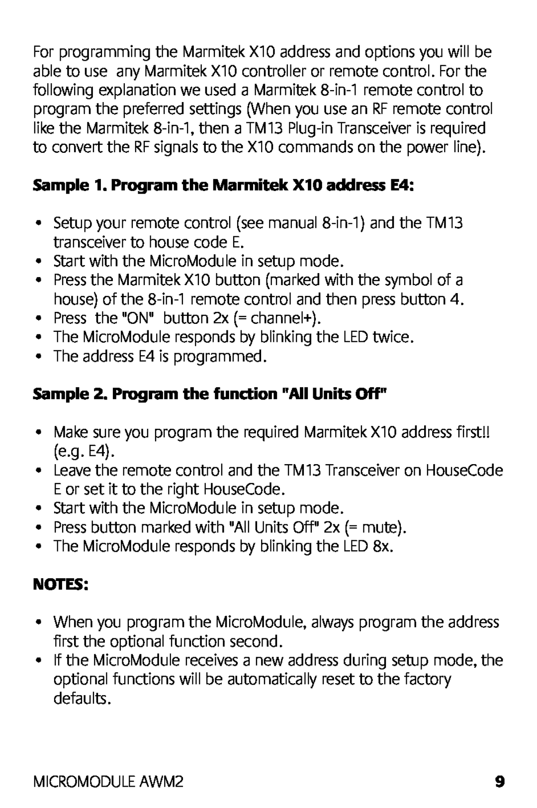 Marmitek AWM2 manual Sample 1. Program the Marmitek X10 address E4, Sample 2. Program the function All Units Off 