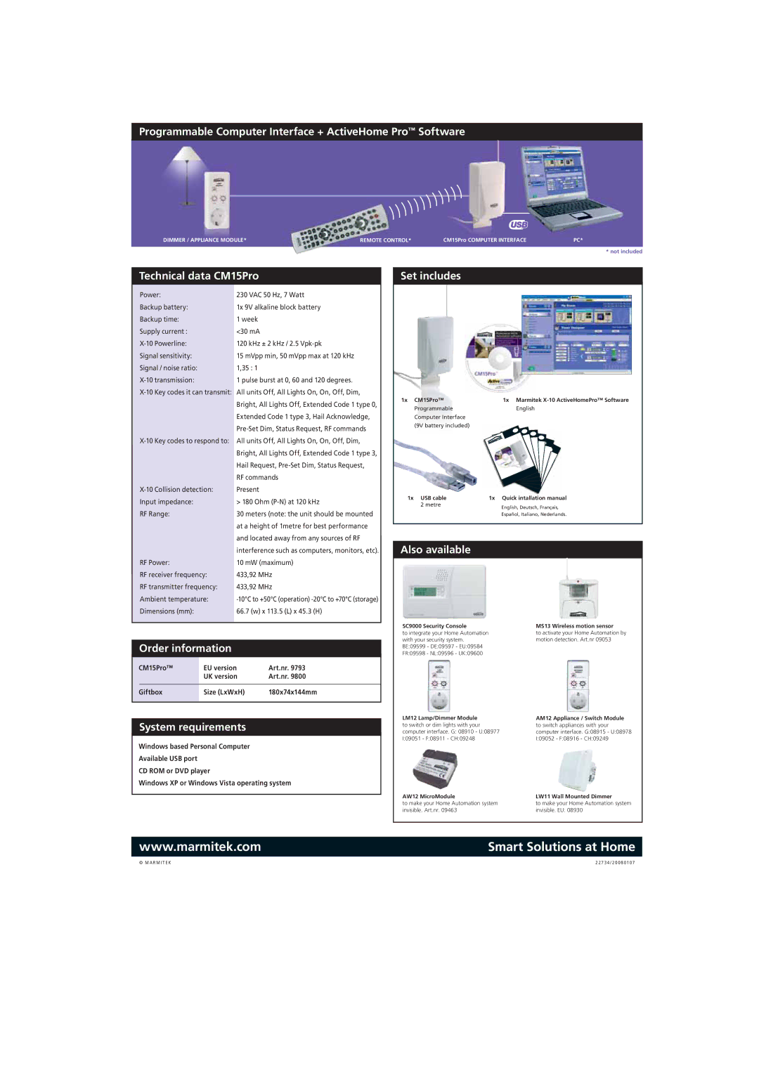 Marmitek CM15PRO Programmable Computer Interface + ActiveHome Pro Software, Technical data CM15Pro, Order information 