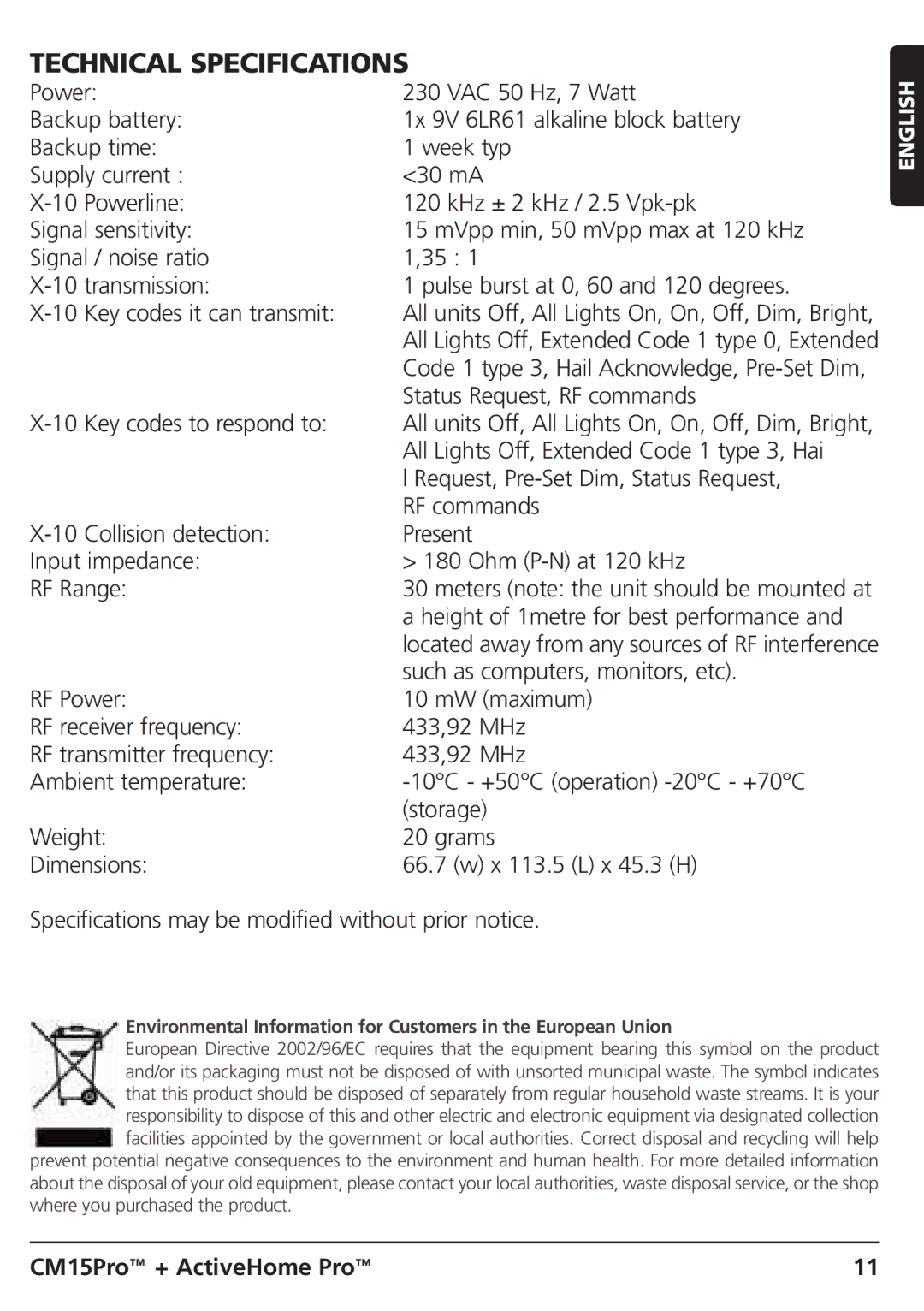 Marmitek CM15PRO manual Technical Specifications 