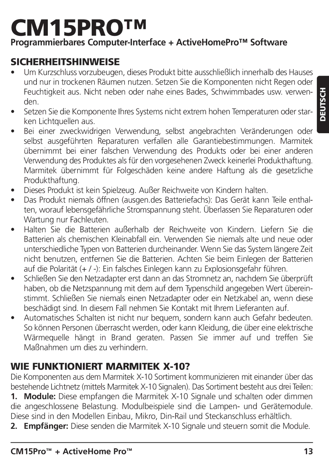 Marmitek CM15PRO manual Sicherheitshinweise, WIE Funktioniert Marmitek X-10? 