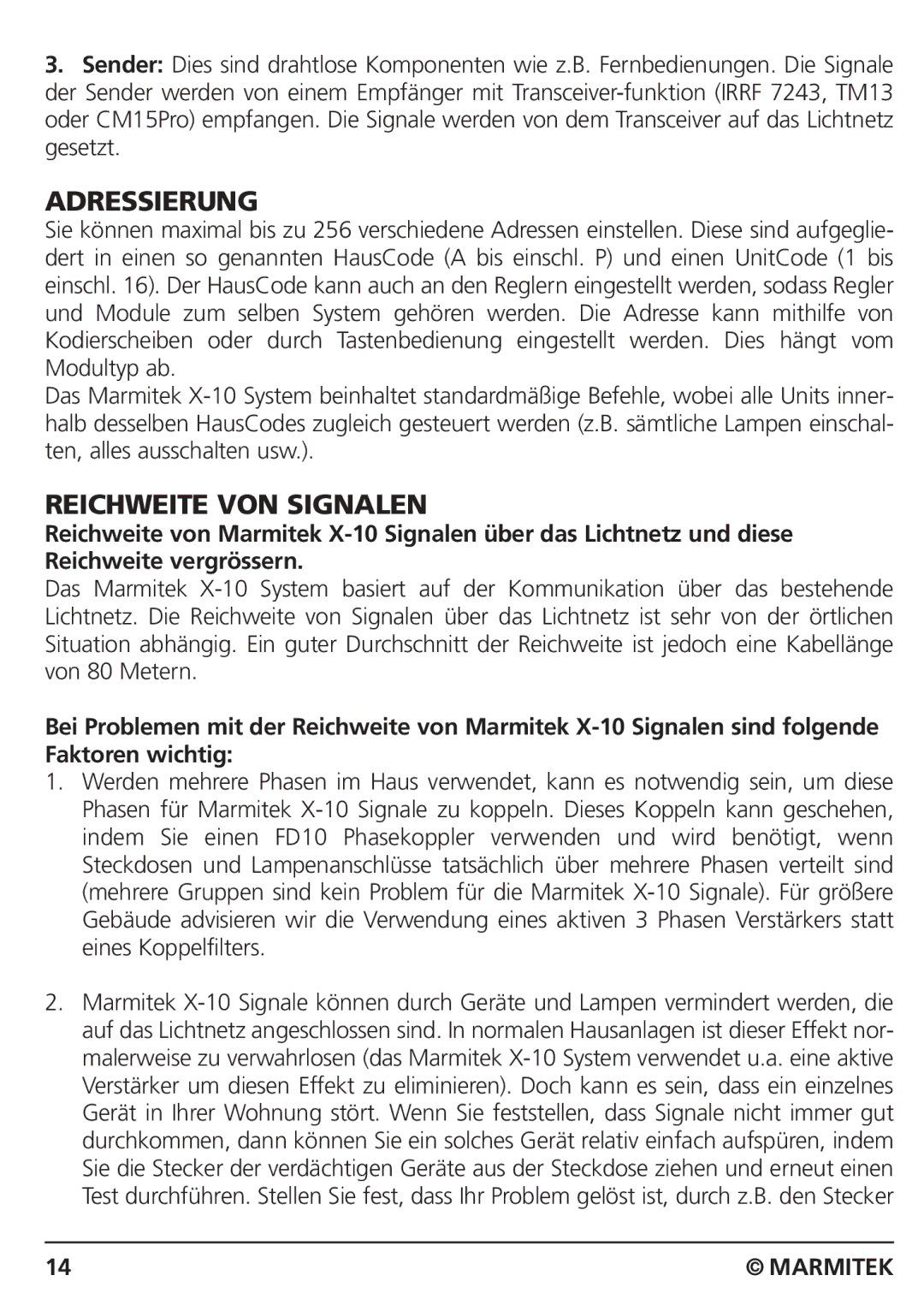 Marmitek CM15PRO manual Adressierung, Reichweite VON Signalen 