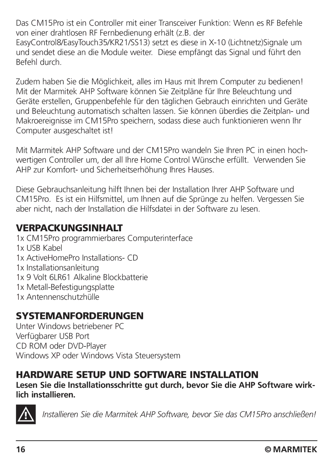 Marmitek CM15PRO manual Verpackungsinhalt, Systemanforderungen, Hardware Setup UND Software Installation 