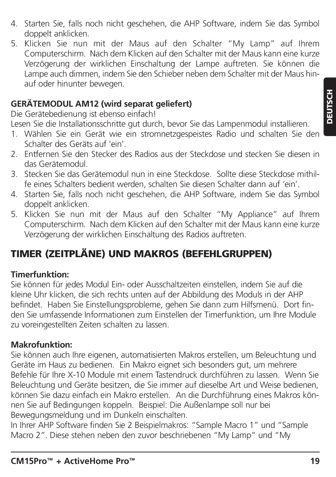 Marmitek CM15PRO manual Timer Zeitpläne UND Makros Befehlgruppen, Gerätemodul AM12 wird separat geliefert, Timerfunktion 