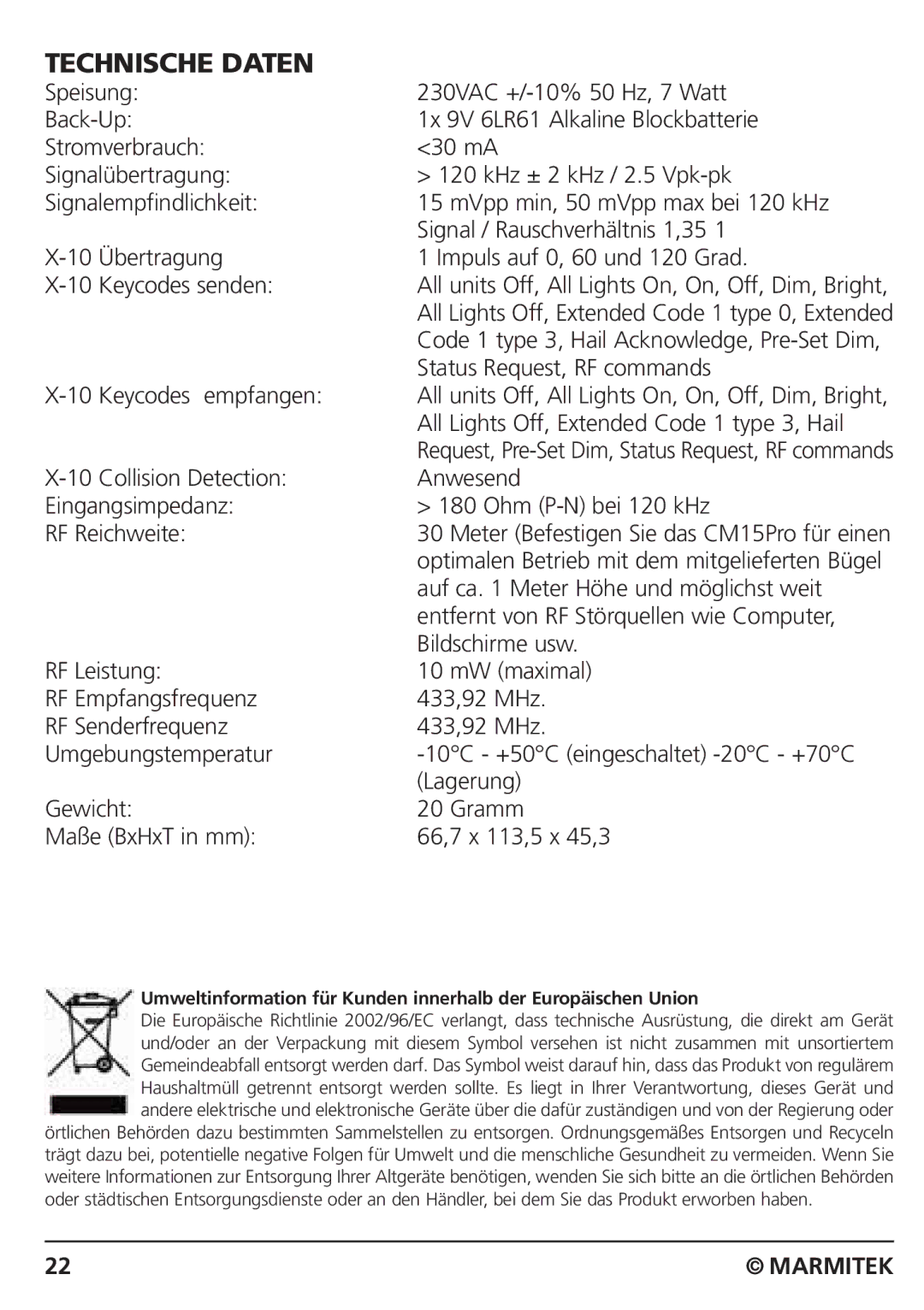 Marmitek CM15PRO manual Technische Daten 