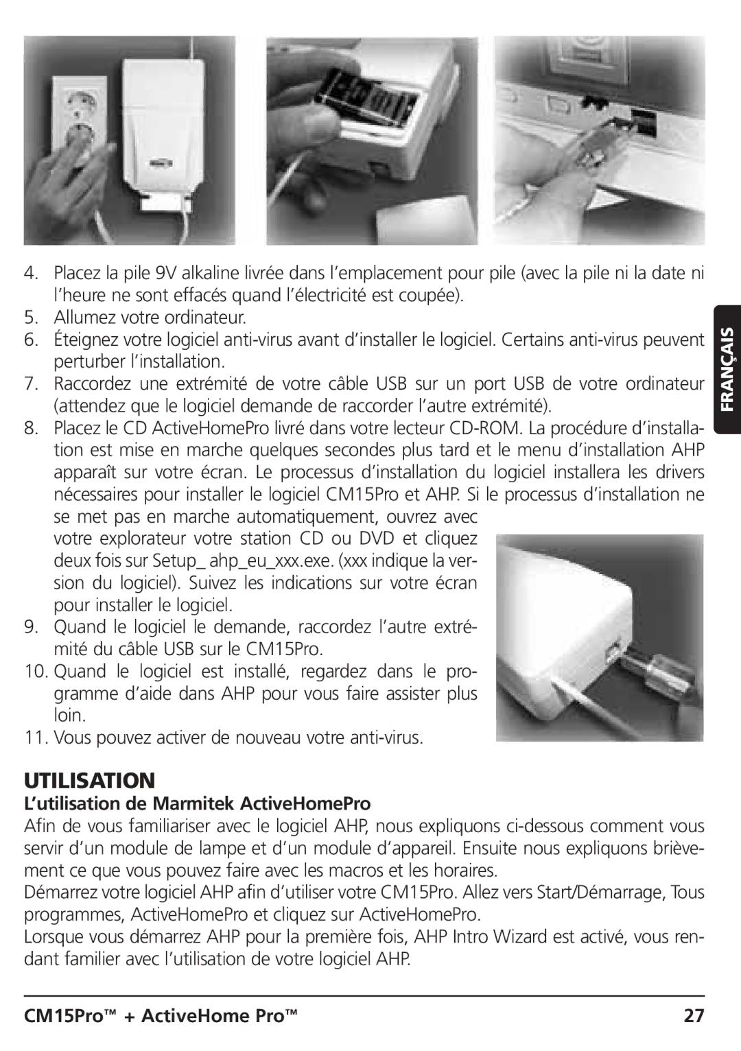 Marmitek CM15PRO manual Utilisation, ’utilisation de Marmitek ActiveHomePro 