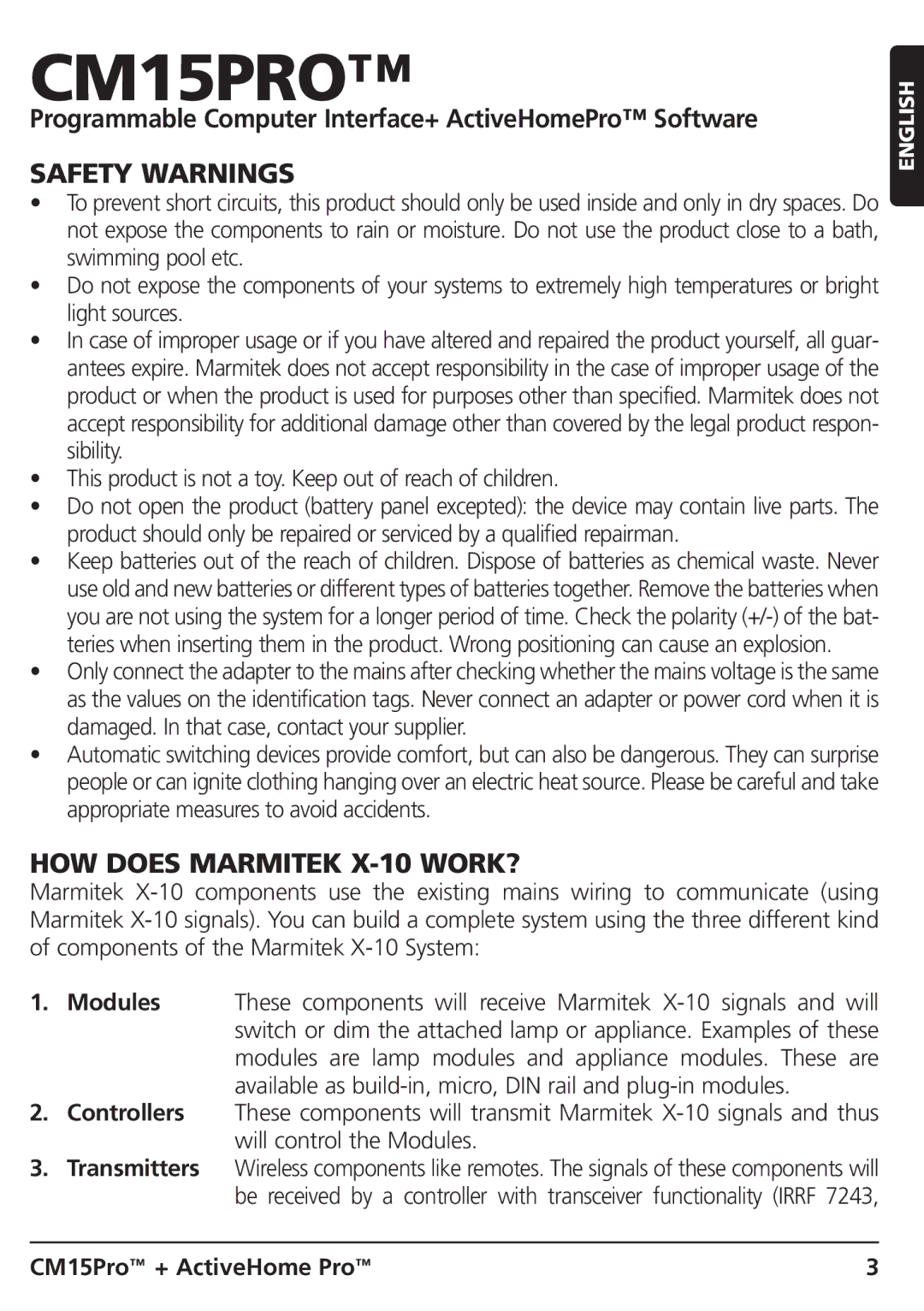 Marmitek CM15PRO manual Safety Warnings, HOW does Marmitek X-10 WORK?, CM15Pro + ActiveHome Pro 