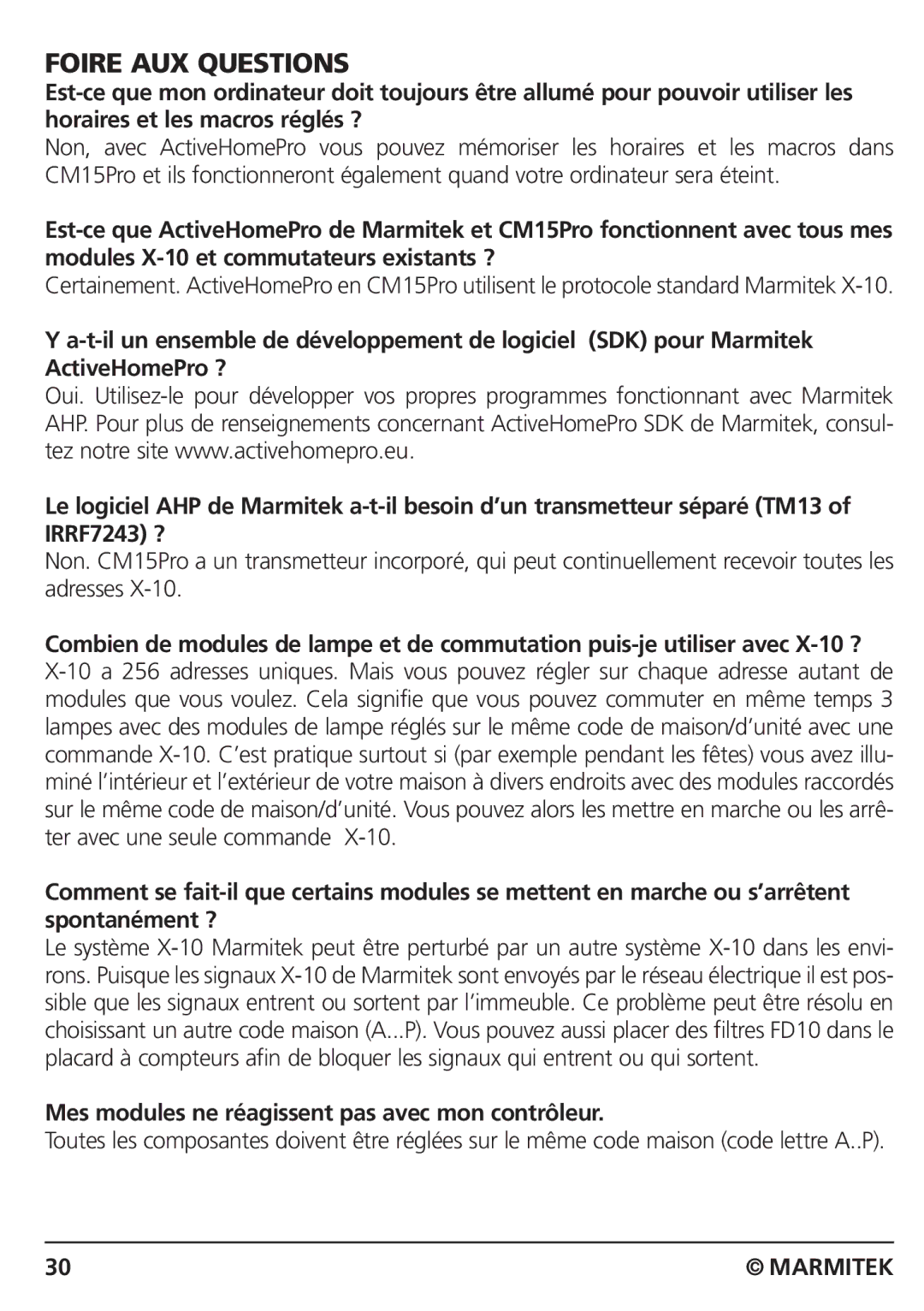 Marmitek CM15PRO manual Foire AUX Questions, Mes modules ne réagissent pas avec mon contrôleur 