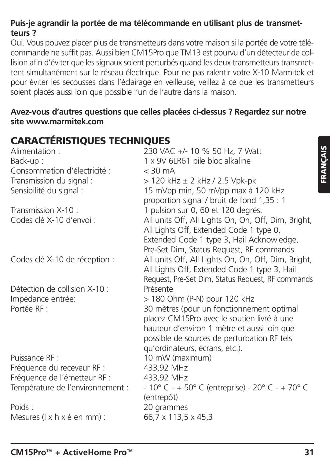 Marmitek CM15PRO manual Caractéristiques Techniques 