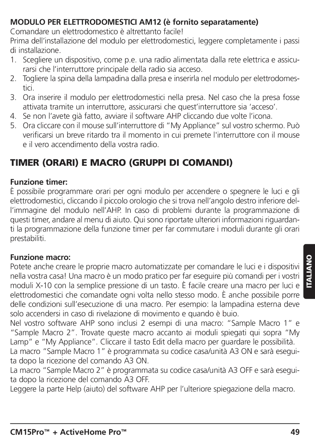 Marmitek CM15PRO manual Timer Orari E Macro Gruppi DI Comandi, Funzione timer, Funzione macro 