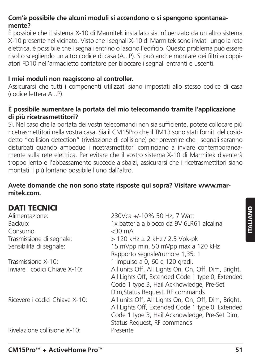 Marmitek CM15PRO manual Dati Tecnici, Miei moduli non reagiscono al controller 