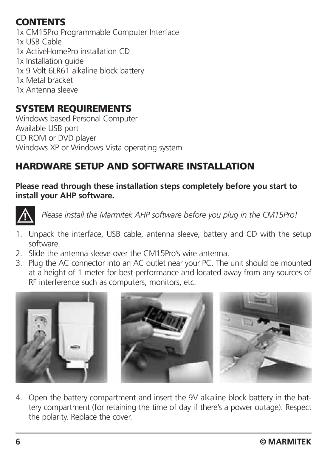 Marmitek CM15PRO manual Contents, System Requirements, Hardware Setup and Software Installation 