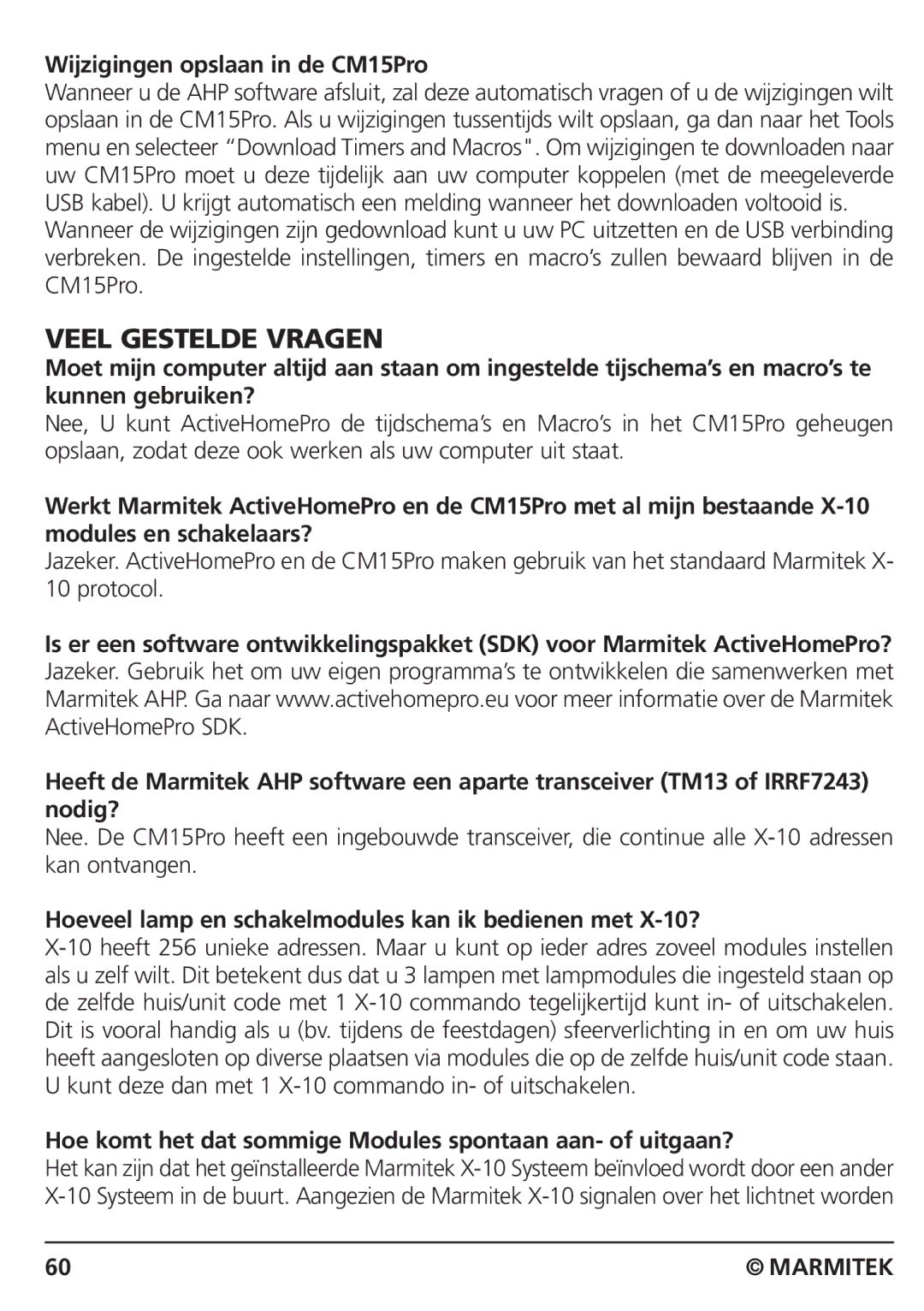 Marmitek CM15PRO manual Veel Gestelde Vragen, Wijzigingen opslaan in de CM15Pro 