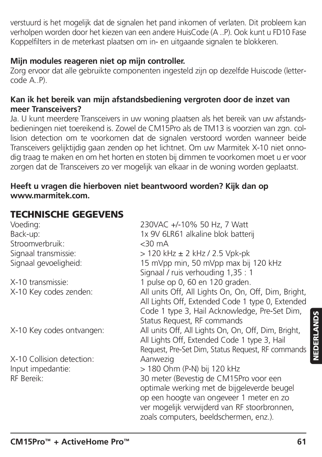 Marmitek CM15PRO manual Technische Gegevens, Mijn modules reageren niet op mijn controller 